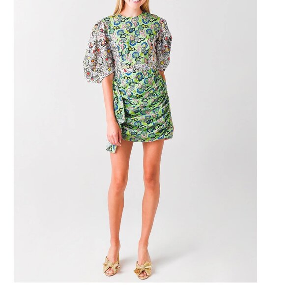 NEW $425 RHODE PIA SHIRRED MINI DRESS IN MOSAIC FLORAL GRASS PRINT SIZE M - Picture 1 of 7